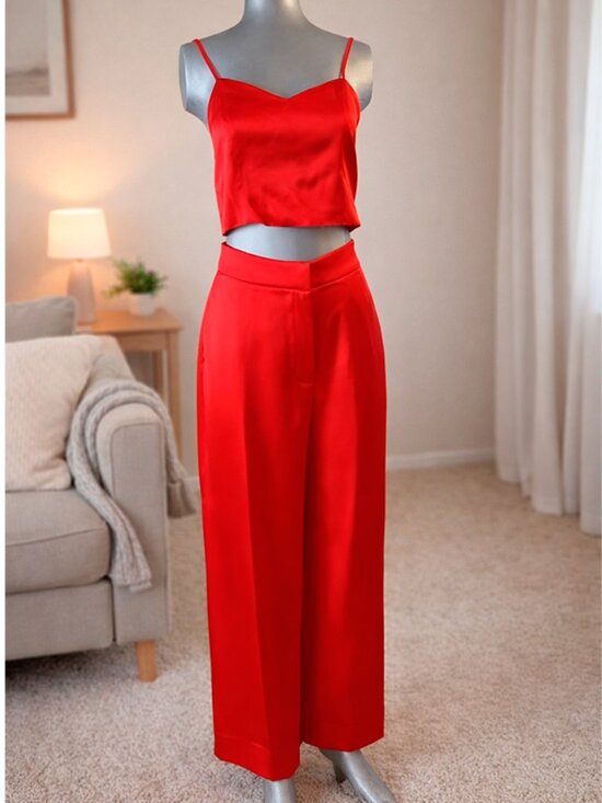 House of Harlow 1960 Pants - Red Satin 2 Piece Set Crop Top Wide Leg Pants Women S House of Harlow